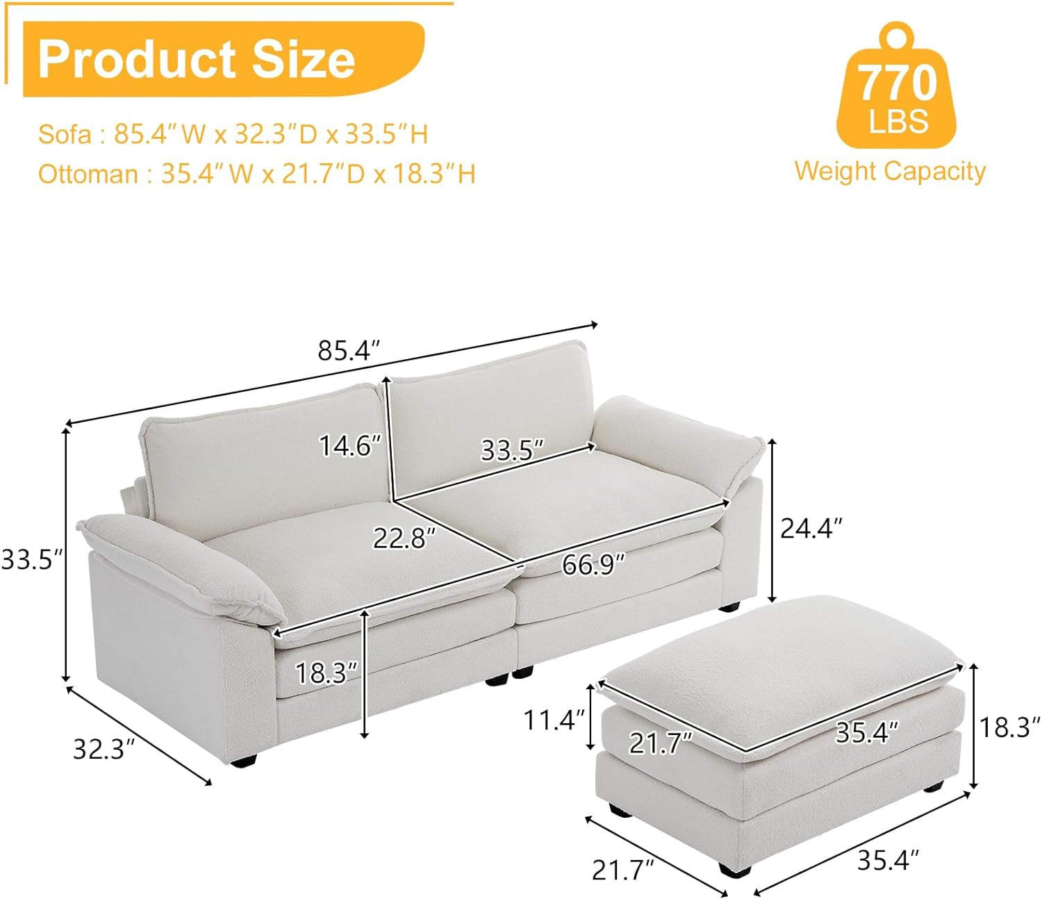 85.4" Convertible Sectional Sofa,L-Shaped Deep Seat Sofa Couch for Living Room,Modern 2-Seat Loveseat Sofa with Ottoman for Small Space(White,Faux Sherpa, 85.4")