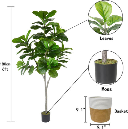 Artificial Fiddle Leaf Fig Tree, 6Ft Fake Ficus Lyrata Plant with Woven Basket, Perfect Silk Tree for Indoor House Office Home Living Room Floor Décor