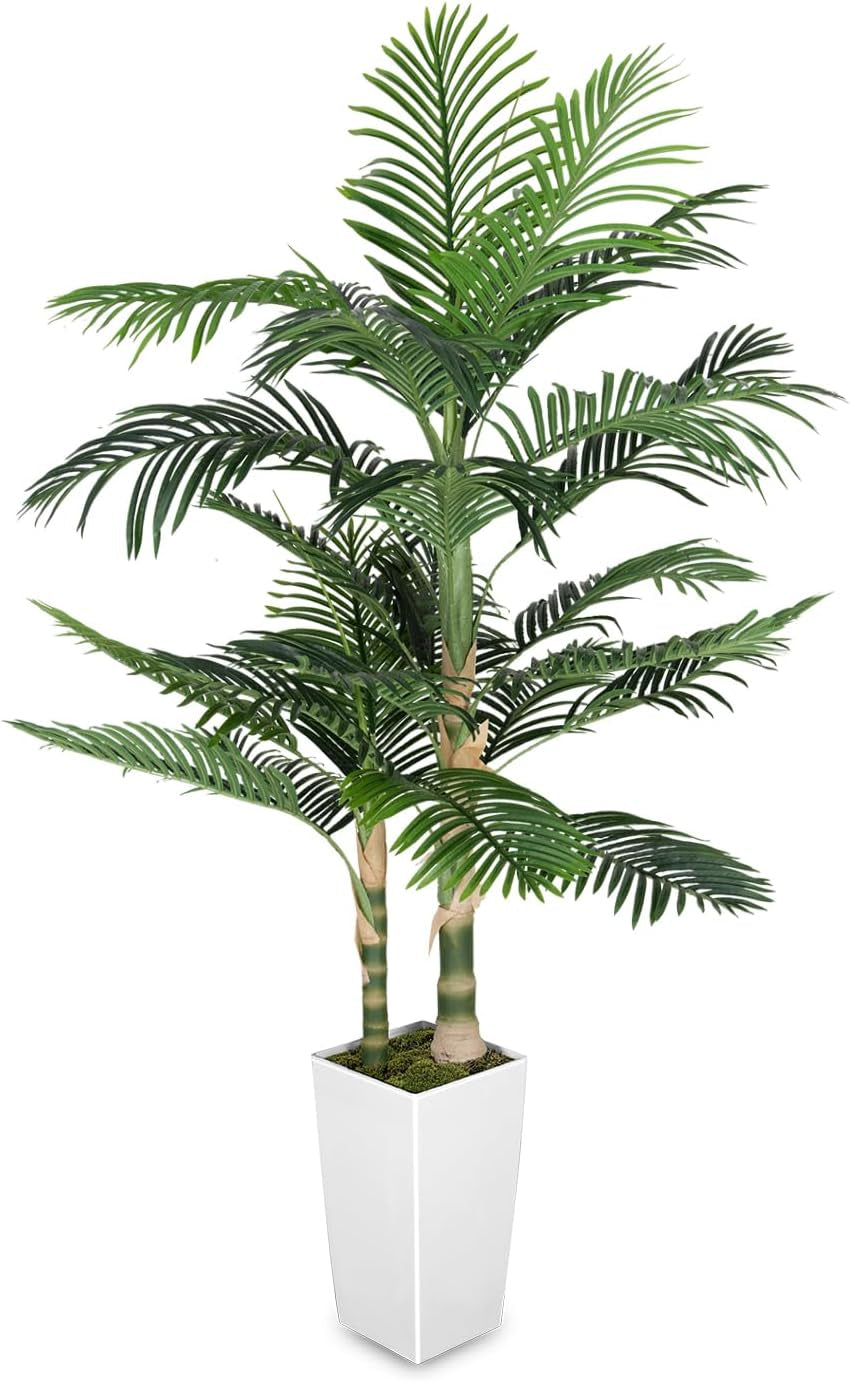 Golden Cane Palm Trees Artificial Indoor, 6FT Tall Faux Golden Cane Palm Tree with White Tall Planter, Artificial Plants with Natural Wood Trunk and Lifelike Leaves for Home Office Decor