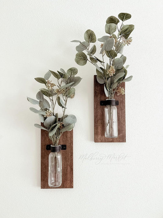 Wood Wall Sconces Set of 2, Decorative Wooden Wall Sconce, Farmhouse Sconce, Living Room Wall Decoration, Brown (No Greenery) - Design By Technique
