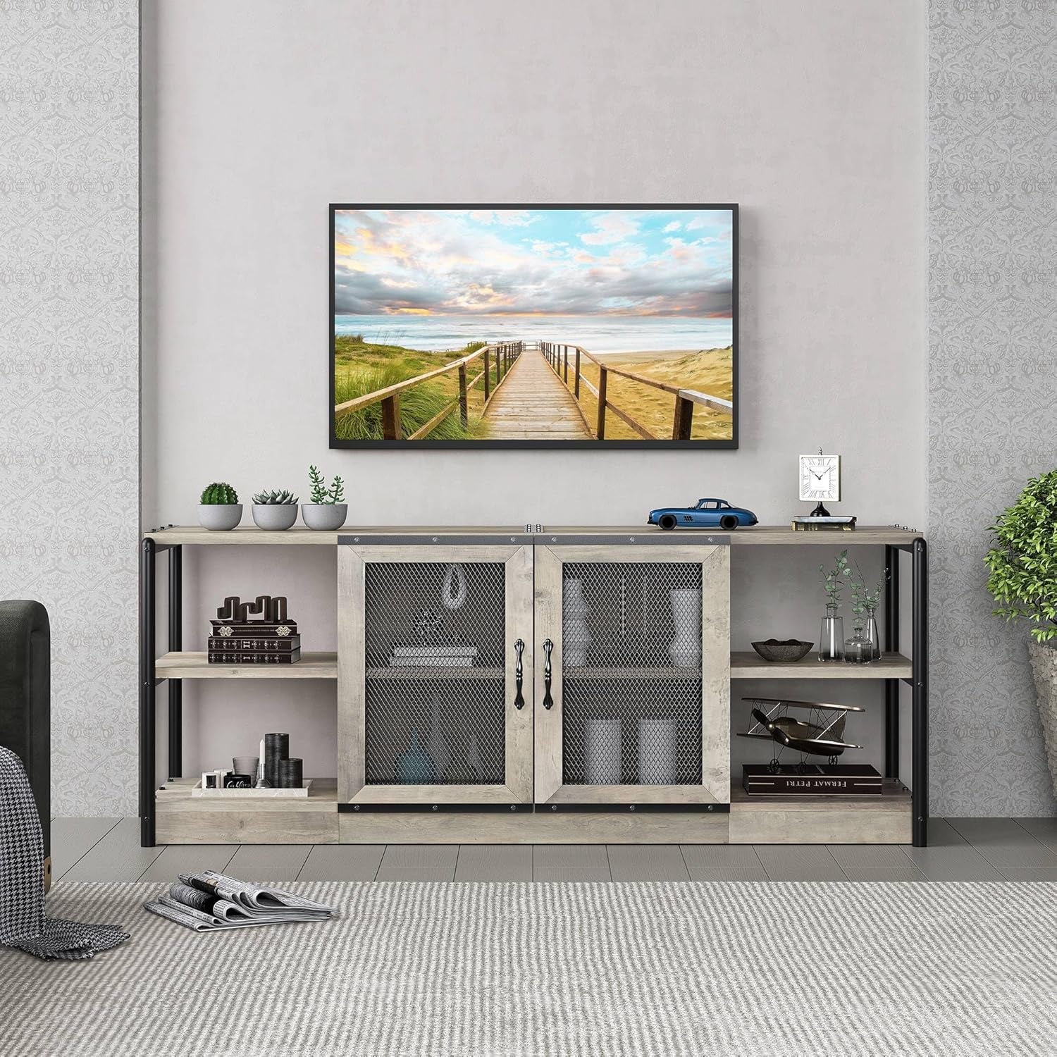 TV Stand for 65 Inch TV with Mesh Door, Grey TV Entertainment Center with Storage, Industrial TV Console Table for Living Room, TV Media Console for Bedroom- Rustic Grey TV Stand