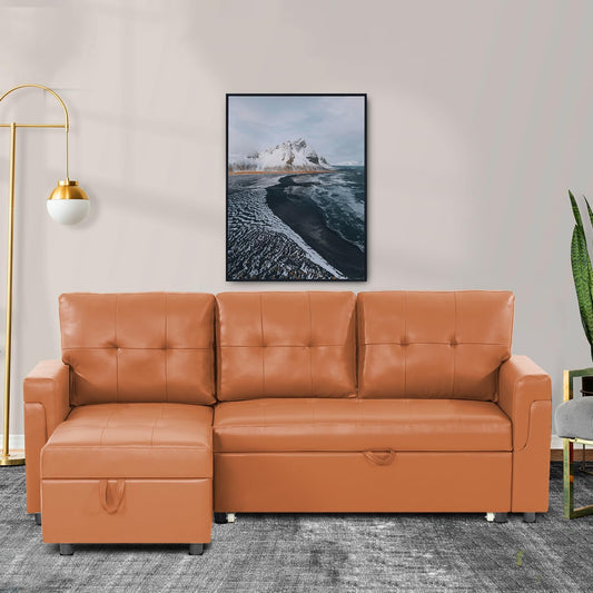 Transform Any Space: Sleeper Sectional Sofa with Convertible Sofa Bed & Inviting Chaise. Find Tranquil Comfort with Stress-Relieving Design & Durable Cushions - Caramel,Air Leather