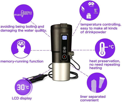 Smart Temperature Control Travel Coffee Mug Electric Heated Travel Mug Stainless Steel Tumbler Smart Heating Car Cup Keep Milk Warm LCD Display Easily Washing Safe for Use (12V Black 01)