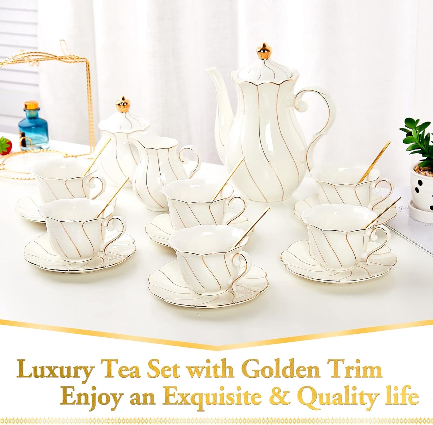 22 Pcs White Porcelain Tea Set for 6, Luxury British Style Tea/Coffee Cup Set with Golden Trim, Beautiful Tea Set for Women, Tea Party Set, Gift Package (With a Stand)