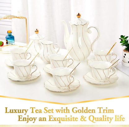 22 Pcs White Porcelain Tea Set for 6, Luxury British Style Tea/Coffee Cup Set with Golden Trim, Beautiful Tea Set for Women, Tea Party Set, Gift Package (With a Stand)