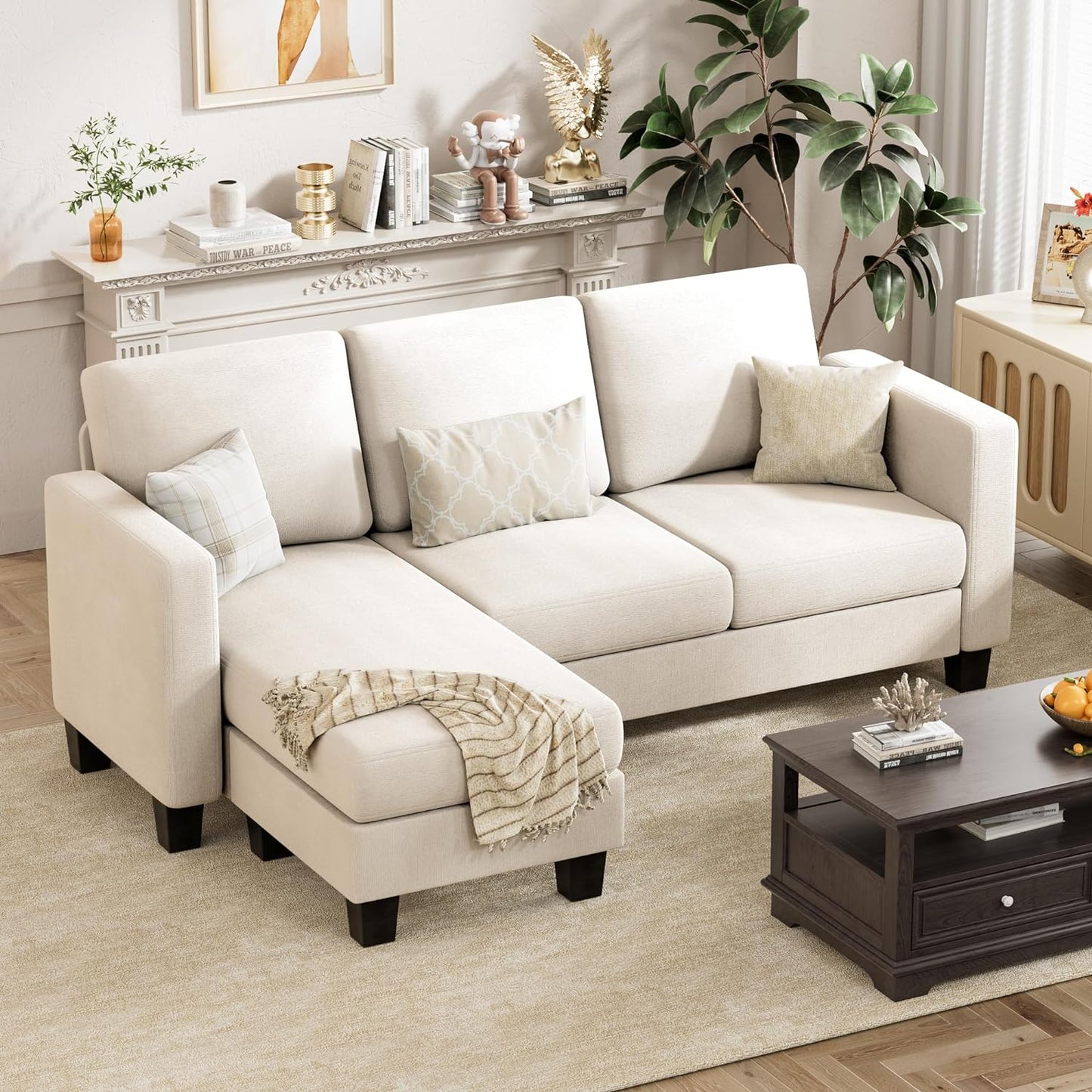 Convertible Sectional Sofa Couch, 3 Seat L-Shaped Sofa with Linen Fabric, Movable Ottoman Small Couch for Small Apartments, Living Room and Office (Whtie)