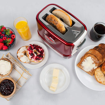 New and Improved Wide 2-Slice Toaster Perfect for Bread, English Muffins, Bagels, 5 Browning Levels, with Crumb Tray & Cord Storage, Retro Red