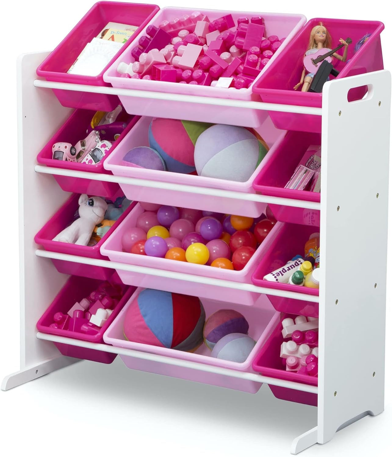 Kids Toy Storage Organizer with 12 Plastic Bins - Greenguard Gold Certified, White/Pink