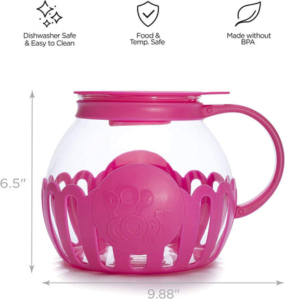 Patented Micro-Pop Microwave Popcorn Popper with Temperature Safe Glass, 3-In-1 Lid Measures Kernels and Melts Butter, Made without BPA, Dishwasher Safe, 3-Quart, Pink