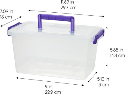 USA Plastic Storage Bins with Lids 5.4 Qt. Craft Organizers and Storage with Handle, Art Supply Storage Organizer, Arts and Crafts Organizer, Stackable and Secure Latch, Clear/Violet - 6 Pack