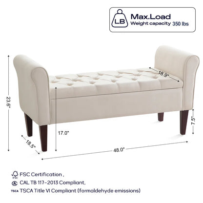 Polyester Upholstered Storage Bench with Tufted Flip Top and Wooden Legs