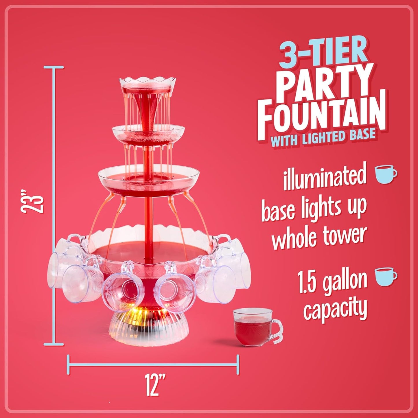 3-Tier Party Fountain, Holds 1.5 Gallons, LED Lighted Base, Includes 8 Reusable Cups, 1.5 Gallon, Clear