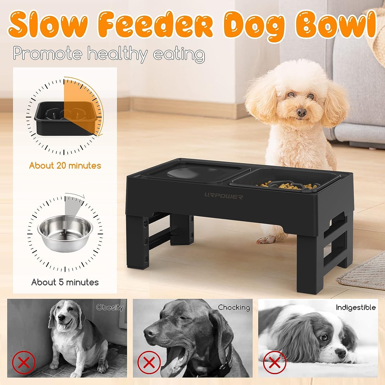 2-In-1 Elevated Slow Feeder Dog Bowls with No Spill Dog Water Bowl 4 Height Adjustable Raised Dog Bowl Non-Slip Dog Food and Water Bowls with Stand for Small Medium Large Dogs, Cats and Pets