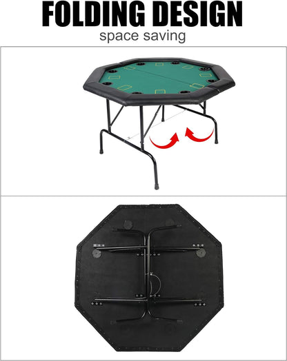 Folding Poker Table 8 Players Octagon Game Table with Leg & Plastic Cup Holders for Blackjack,Texas Poker Casino Game