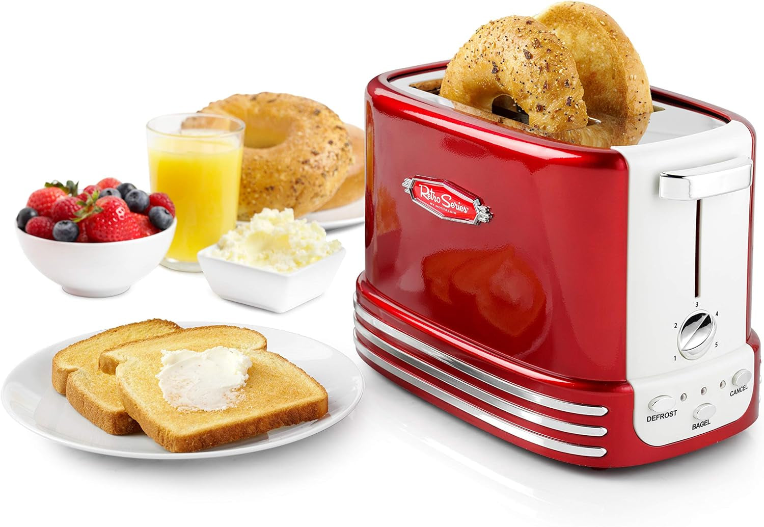 New and Improved Wide 2-Slice Toaster Perfect for Bread, English Muffins, Bagels, 5 Browning Levels, with Crumb Tray & Cord Storage, Retro Red