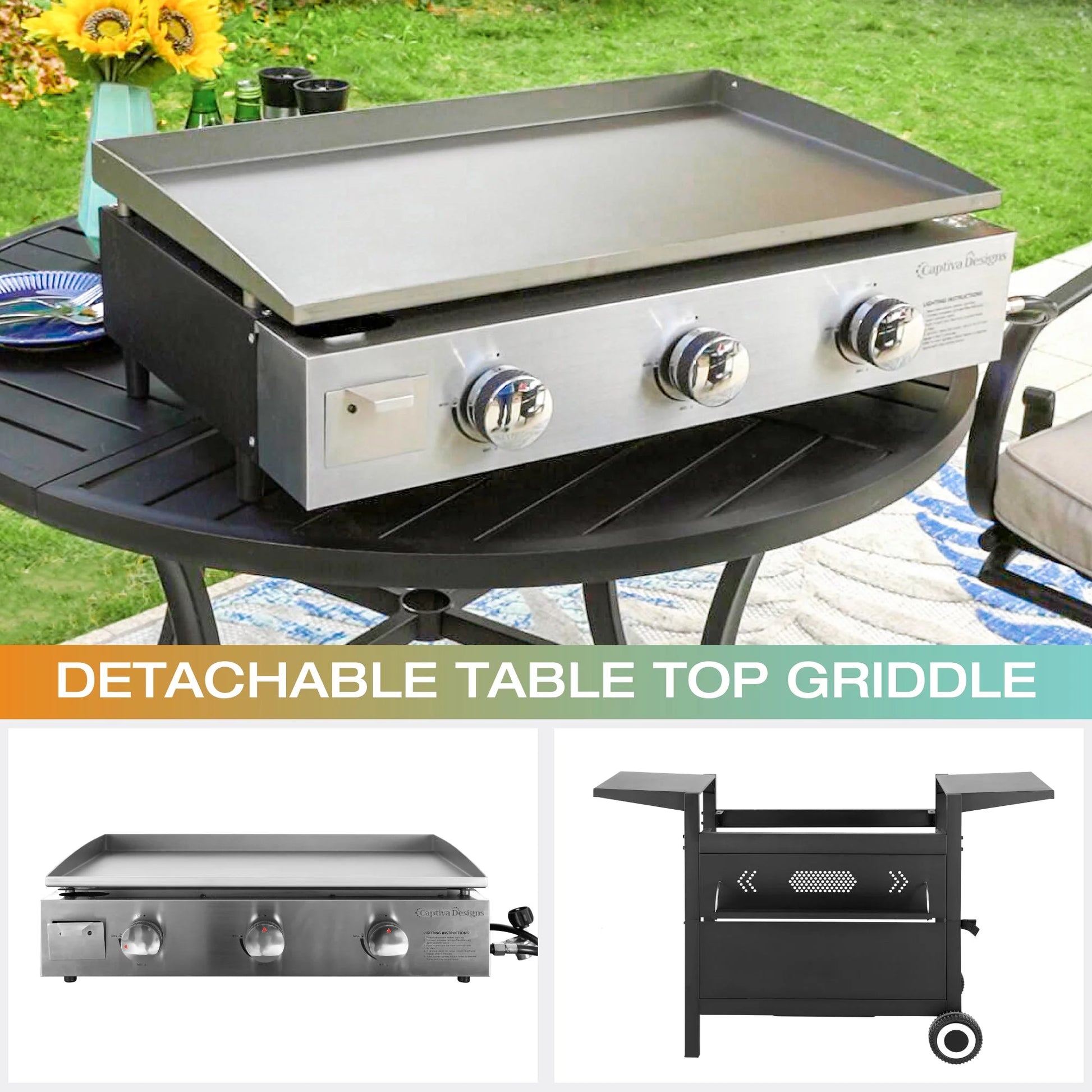 3-Burners Gas Griddle Portable Flat Table Top BBQ Grill 33,000 BTU