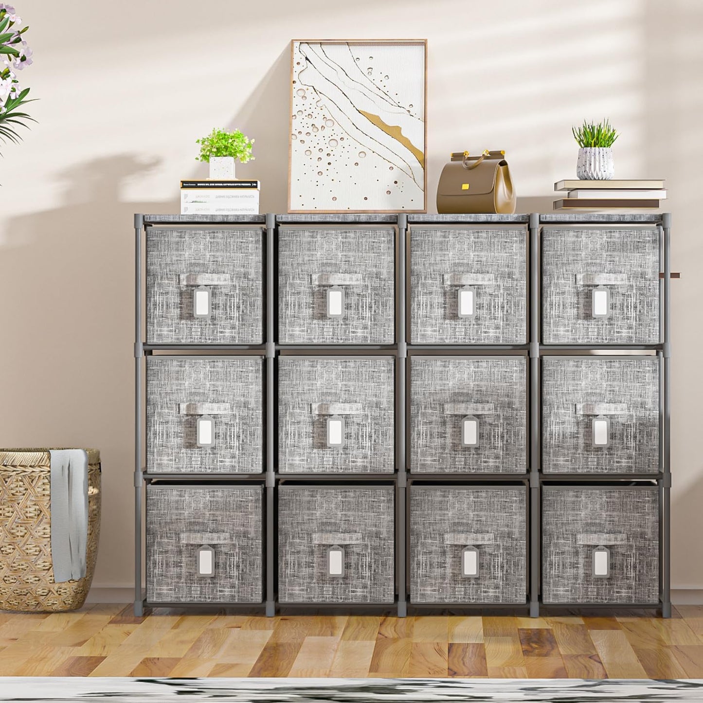 Cube Storage Organizer Shelf with 6 Printed Bins + Labels, Cubby Storage Organizer with Bins, Large Capacity Shelves for Storage,Closet, Living Room, Dorm, Yarn