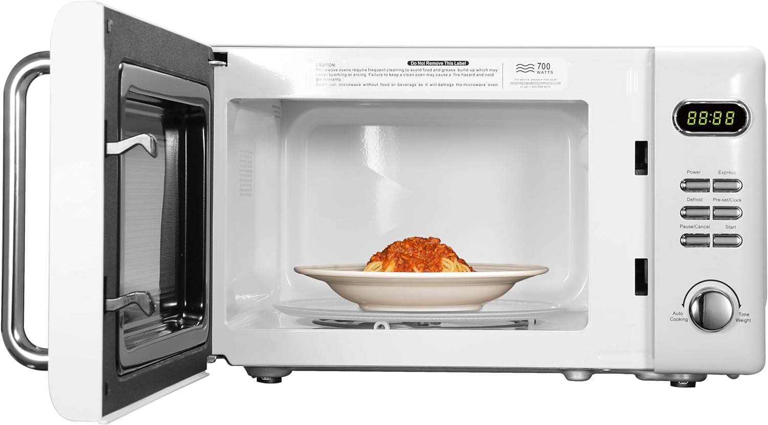 MWR7020W Compact Countertop Microwave Oven with Button Control, LED Display, 700W 5 Power Levels, 8 Auto Menus, Glass Turntable and Child Safe Lock, 0.7, Retro White