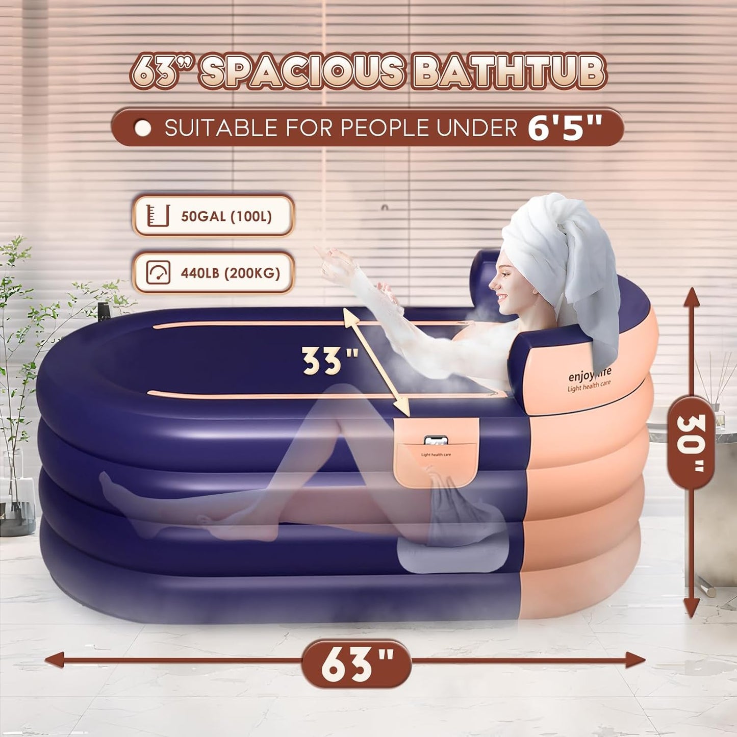 Inflatable Bathtub Adult 63'' Portable Blow up Bath Tubs with Cordless Air Pump, Ideal for Hot Ice Bath, Quick Drain Design with 9'10'' Long Hose, Phone Pocket, Water Cushion (Orange)