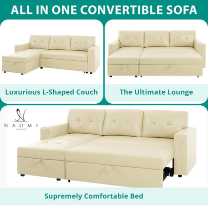 Transform Any Space: Sleeper Sectional Sofa with Convertible Sofa Bed & Inviting Chaise. Find Tranquil Comfort with Stress-Relieving Design & Durable Cushions - Cream/Air Leather