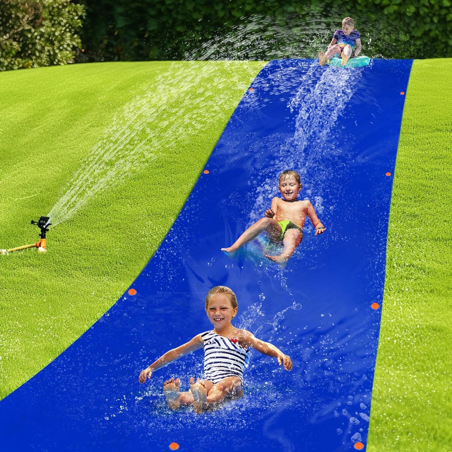 Super Slip Lawn Water Slide - 30 X 8Ft Heavy Duty Slip and Slide Trap Slick Waterslide for Adults & Kids, Easy to Set up with 16 Ground Nails, Funny Water Games for Outdoor Backyard Lawn, Blue - Design By Technique