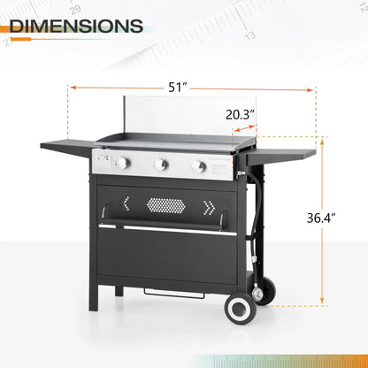 3-Burners Gas Griddle Portable Flat Table Top BBQ Grill 33,000 BTU