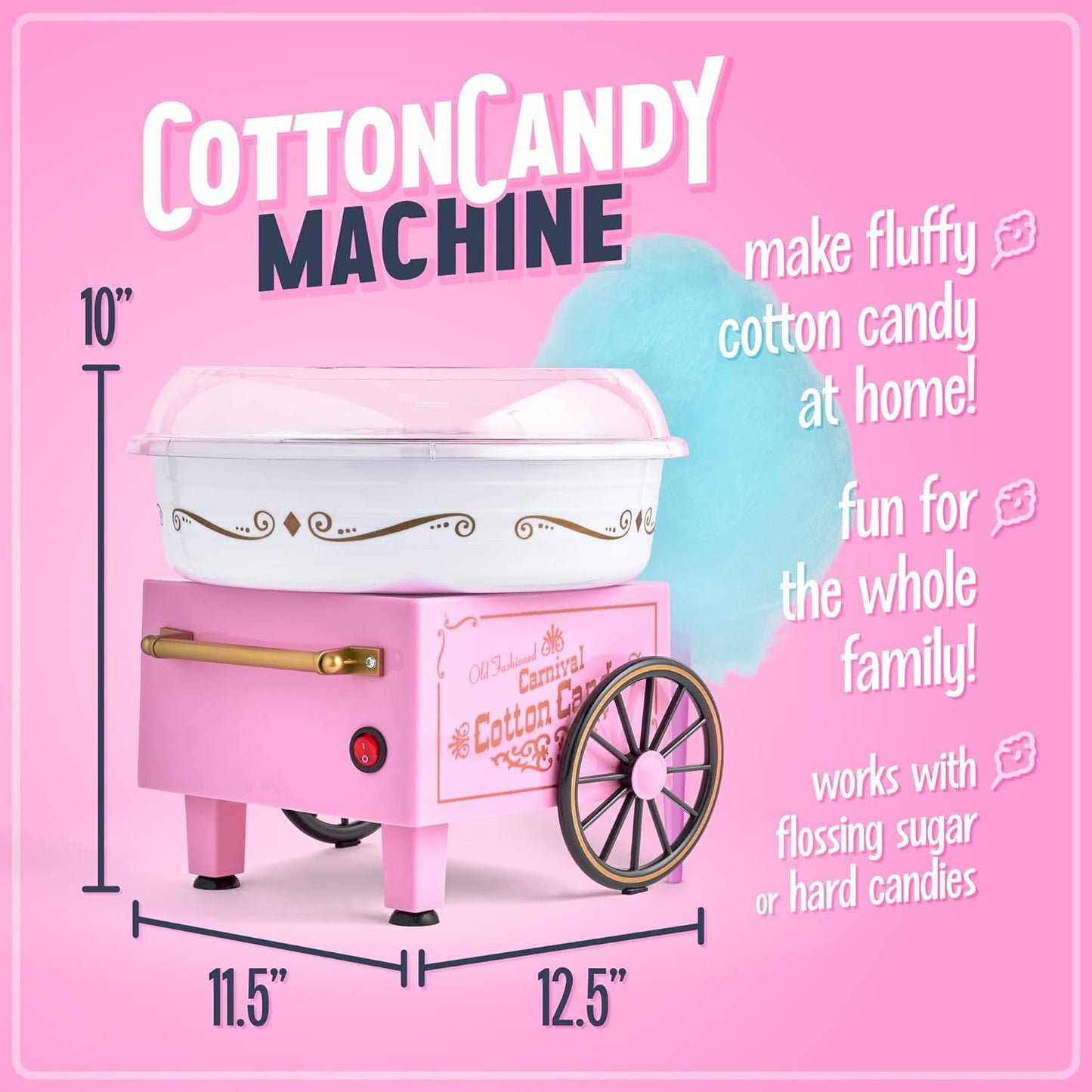 Cotton Candy Machine - Retro Cotton Candy Machine for Kids with 2 Reusable Cones, 1 Sugar Scoop, and 1 Extractor Head – Pink