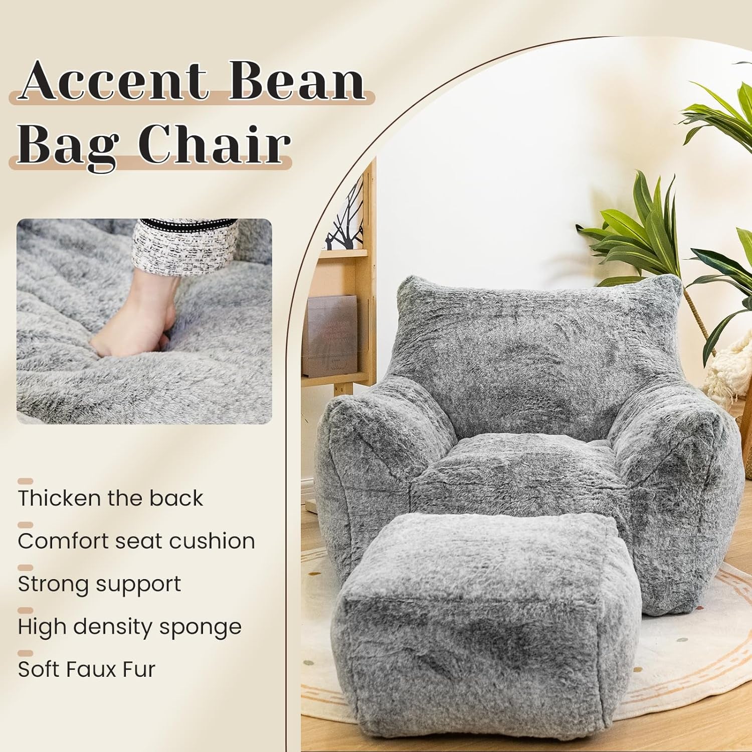 Bean Bag Chair with Ottoman, Armrest Bean Bag Chair with Filler, Ultra Soft Fluffy Faux Fur Bean Bag Chair with Foot Rest, Plush Lazy Sofa with Foot Stool for Living Room, Dorm