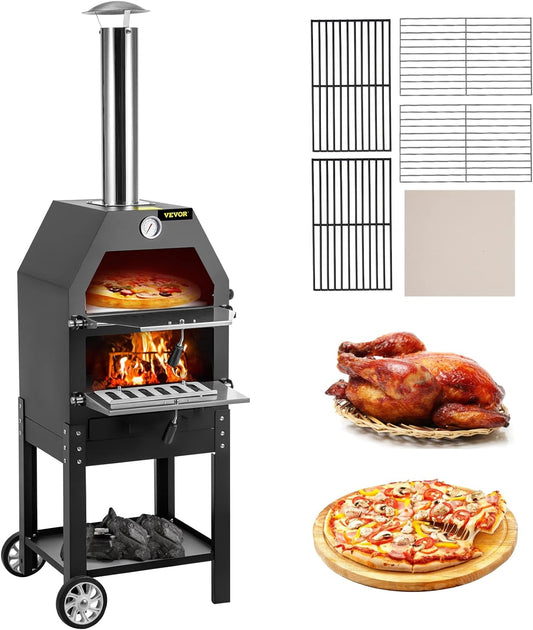 Outdoor Pizza Oven, 12" Wood Fire Oven, 2-Layer Pizza Oven Wood Fired, Wood Burning Outdoor Pizza Oven with 2 Removable Wheels, 700℉ Max Temperature Wood Fired Pizza Maker Ovens for Barbecue