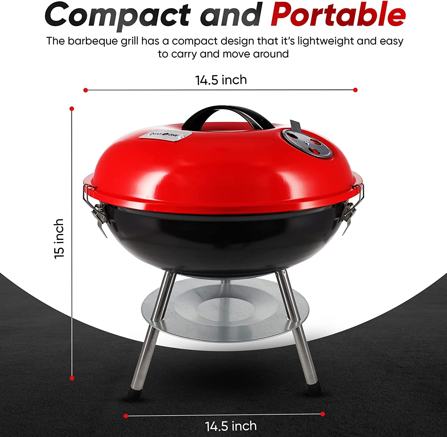 – 14-Inch Portable Barbecue Grill with 3-Point Locking Lid for Heat Preservation – Dual Venting System – Small Charcoal Grill for Backyard, Camping, Boat