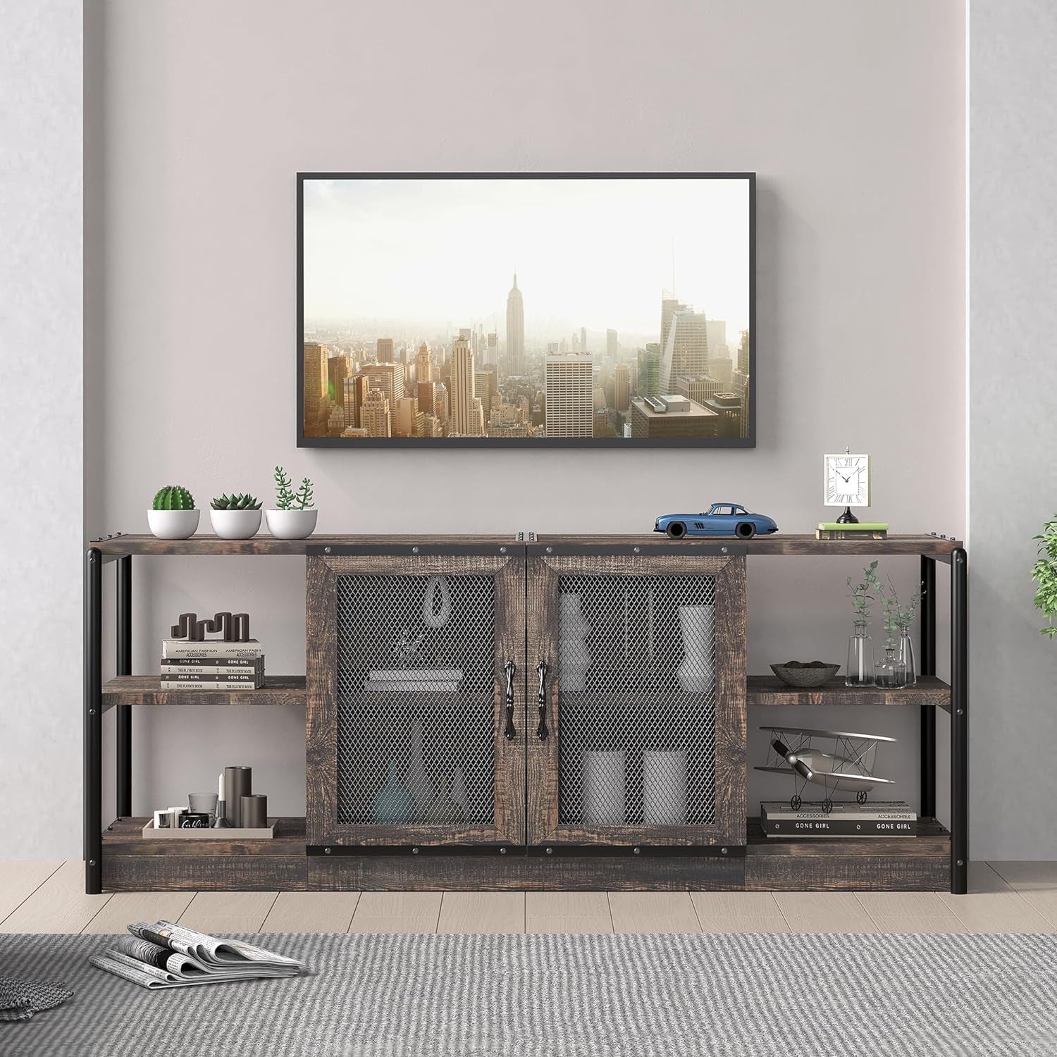 TV Stand for 65+ Inch TV, Industrial Entertainment Center TV Media Console Cabinet, Farmhouse TV Stand with Storage and Mesh Door, TV Console Cabinet Furniture for Living Room (Rustic Oak)