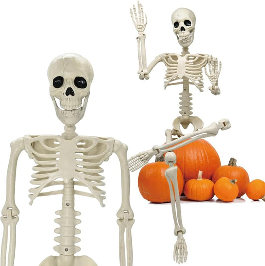 36" Halloween Skeleton Decorations, 3FT Halloween Posable Skeleton Plastic Realistic Human Full Body Bones with Movable Joints for Halloween Party Decor, Haunted House Props Indoor Outdoor Decoration