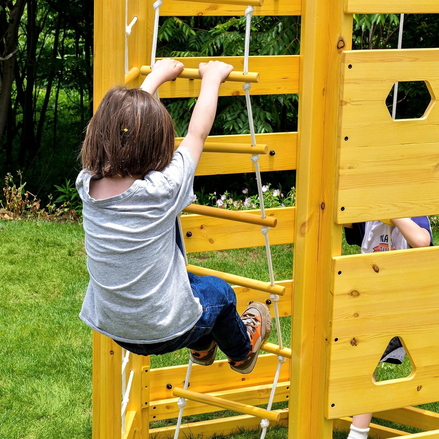 Hawthorn 9-In-1 Outdoor Activity Center | Swing, Rock Wall, Monkey Bars | Ages 3-11 | Pine Wood Construction | Climbing Rope, Net Wall | Strength, Coordination, and Imagination-Boosting Fun