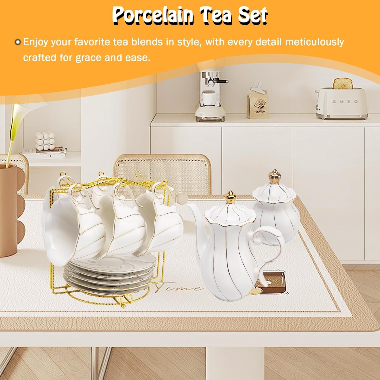 Porcelain Tea Set, 22 PCS Tea Serving Set, White Tea Sets for Adults, Afternoon Tea Set for 6 with Golden Trim, Teapot, Cups, Saucers, Sugar Bowl, Creamer, Spoons - Tea Set with Stand