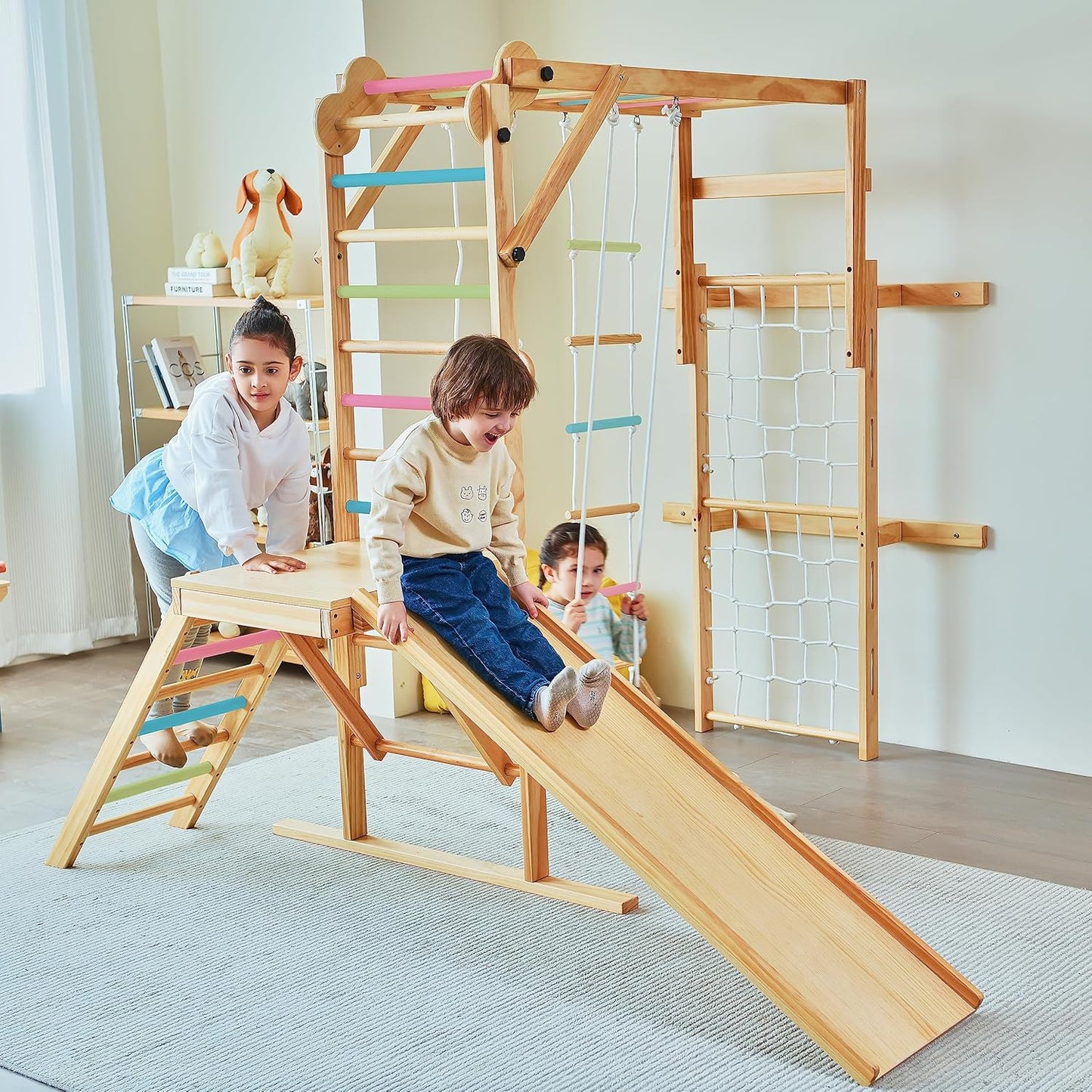 Grove 8-In-1 Indoor Jungle Gym with Gymnastic Rings, Climbing Rope, Swing, Slide, Monkey Bars, Rope Wall Net, and Wooden and Rope Ladder - Jungle Play Set for Kids Ages 2-11 Years Old