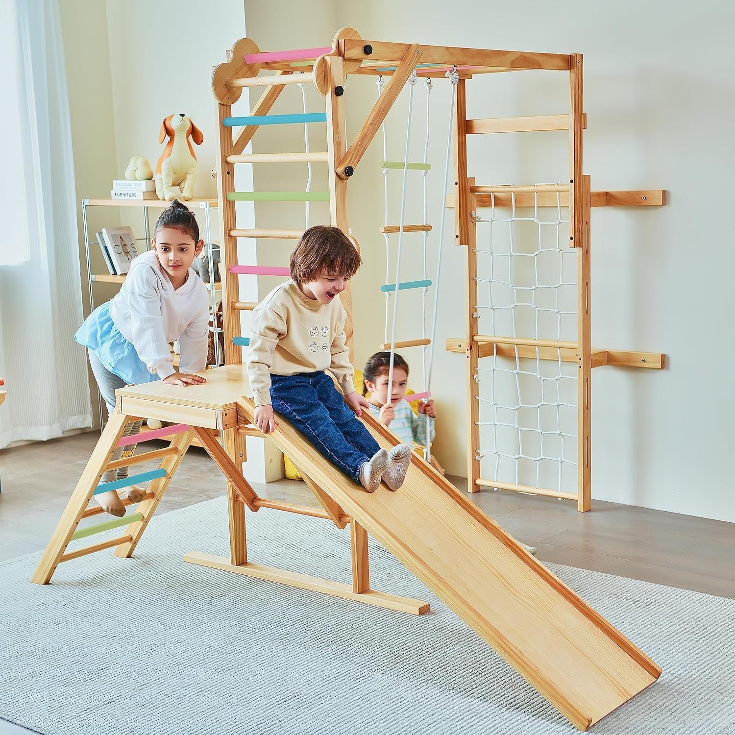 Grove 8-In-1 Indoor Jungle Gym with Gymnastic Rings, Climbing Rope, Swing, Slide, Monkey Bars, Rope Wall Net, and Wooden and Rope Ladder - Jungle Play Set for Kids Ages 2-11 Years Old