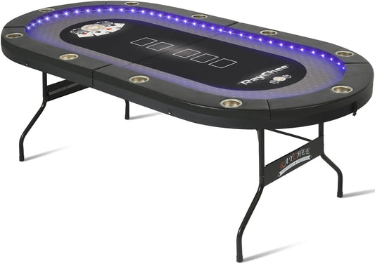 Poker Table Foldable, 10 Player Folding Texas Holdem Table W/Inlaid LED Light, 2 USB & 2 Type-C Ports, Portable Blackjac for Texas Card Game W/Cup Holders and Padded Rails(Black, 84 Inch)