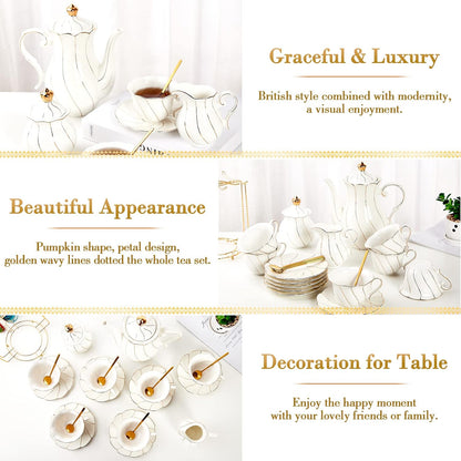 22 Pcs White Porcelain Tea Set for 6, Luxury British Style Tea/Coffee Cup Set with Golden Trim, Beautiful Tea Set for Women, Tea Party Set, Gift Package (With a Stand)