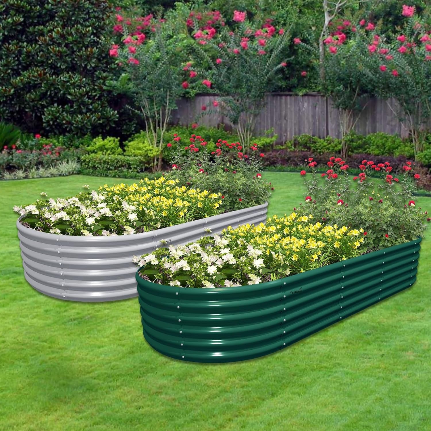 4 Pack 8X3X1.5Ft Galvanized Raised Garden Bed Kit Oval Metal Ground Planter Box Outdoor Bottomless Planter Raised Beds for Vegetables Flowers Herbs Fruits, Green