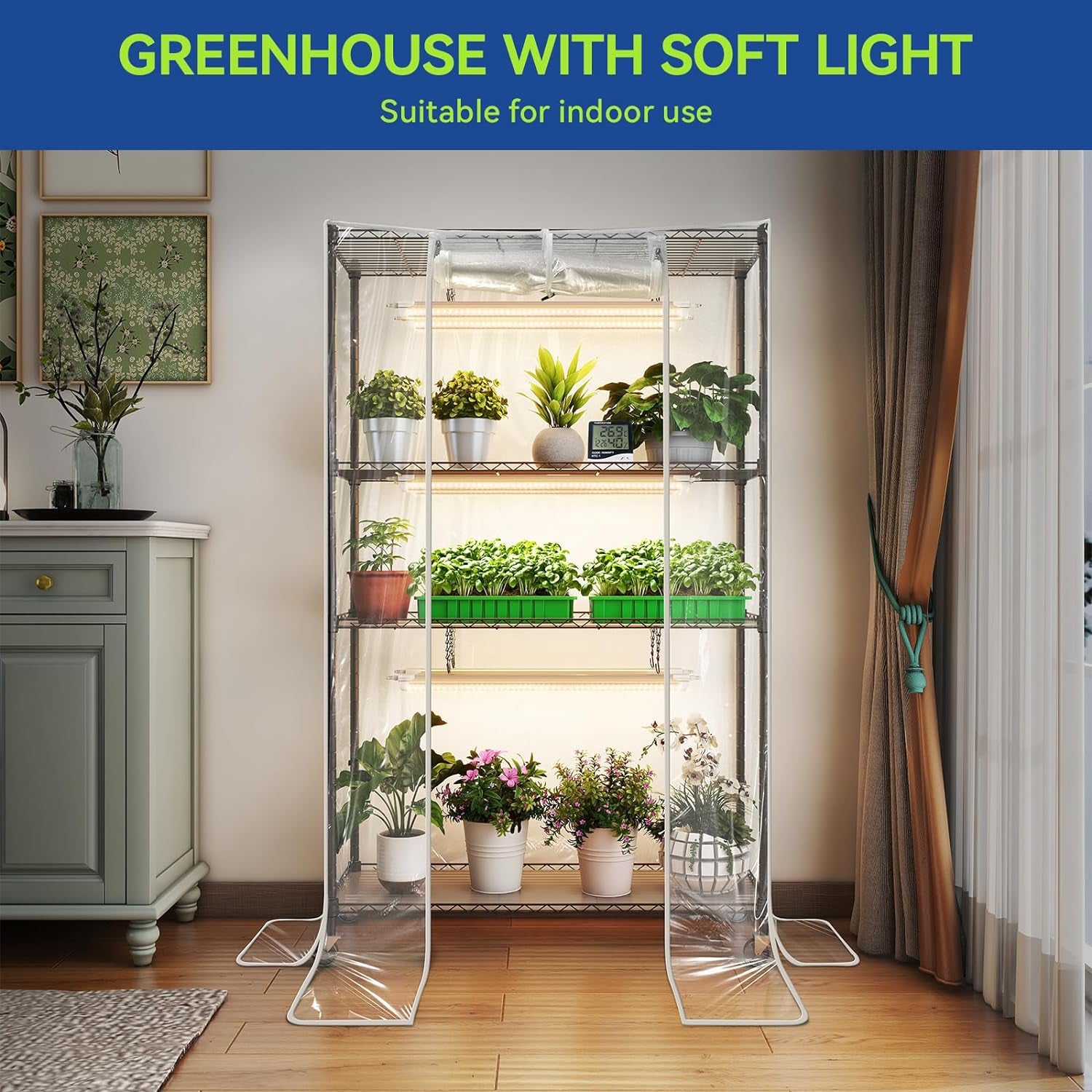 Indoor Greenhouse with Grow Lights and Shelf,4-Tier Portable Metal Plant Stand with Full Spectrum Growing Lamps,Mini Green House Cabinet with Clear Cover Tent for Seedlings(35Lx14Wx61H)