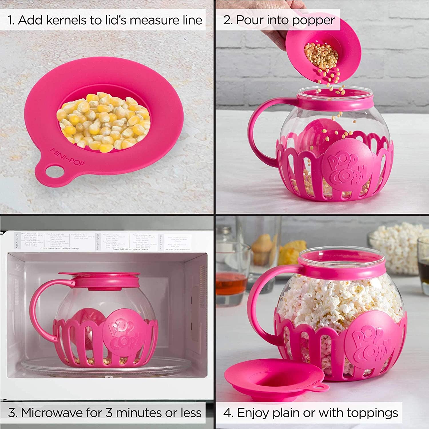 Patented Micro-Pop Microwave Popcorn Popper with Temperature Safe Glass, 3-In-1 Lid Measures Kernels and Melts Butter, Made without BPA, Dishwasher Safe, 3-Quart, Pink