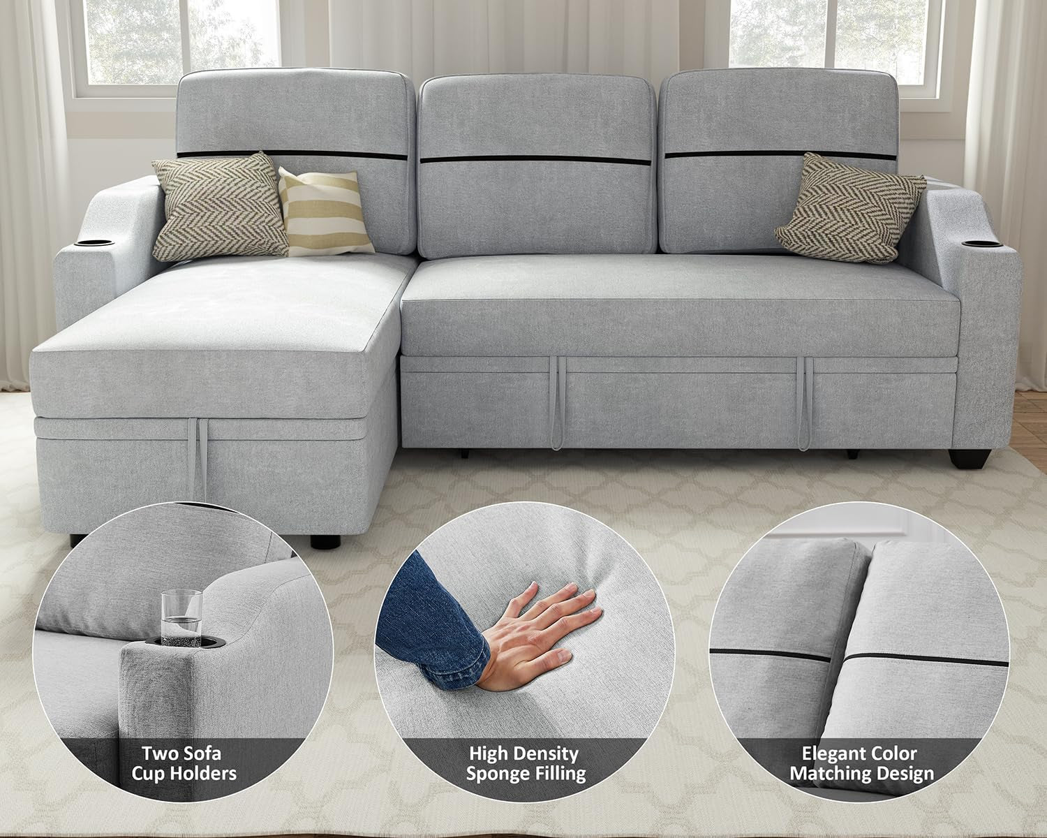 Sectional Sofa Couch, 82" Sleeper Sofa Bed with Reversible Storage Chaise Pull Out Couch for Living Room | Side Pocket | Cup Holders | Removable Backrest | Linen Fabric, Light Grey