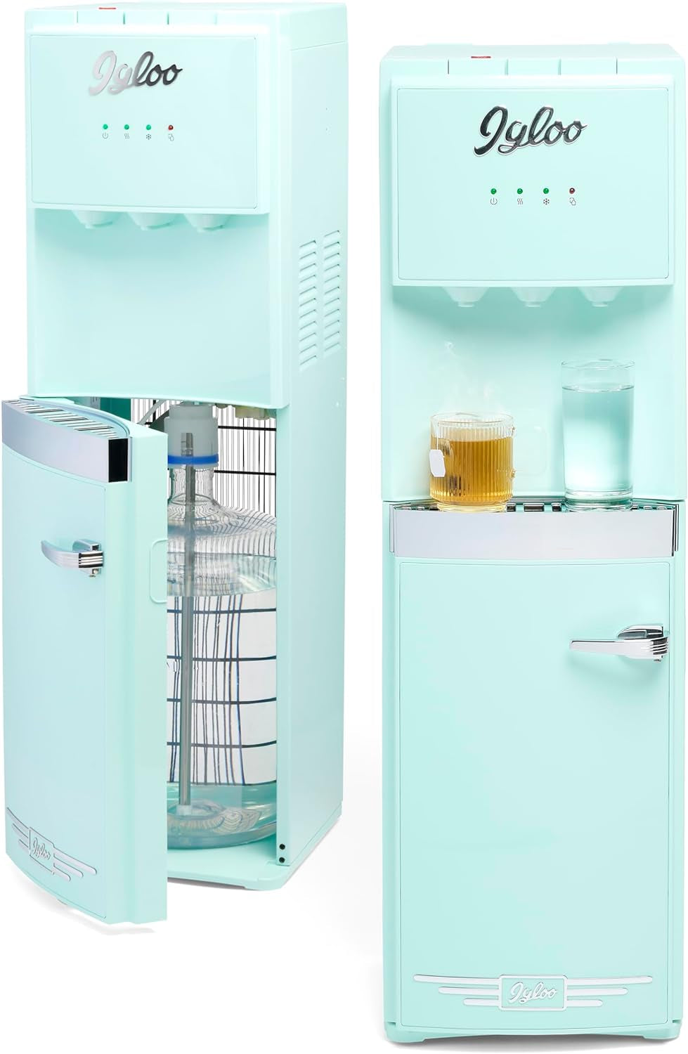 Retro Bottom Load Water Cooler Dispenser, Hot, Cold or Room-Temperature Water, Holds 3 or 5 Gallon Bottles, Child Safety Lock, Perfect for Homes, Kitchens, Dorms, Aqua