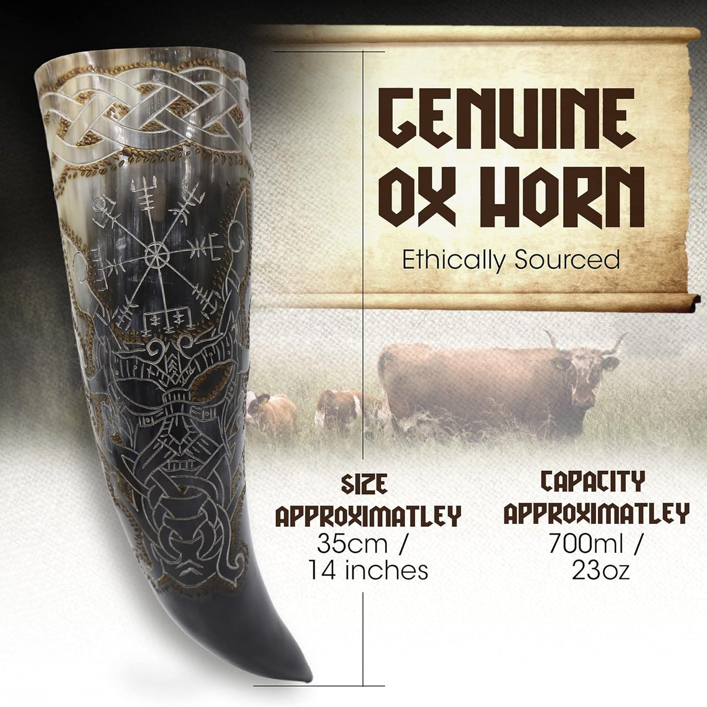 Authentic Handmade Viking Drinking Horn - Medieval Norse Ale Drinking Mug for Vikings with Stand - Hand Engraved Viking'S Drink Cup - Food Safe Beer Horns (Odin & Vegvisir - 14 Inches), 2 Piece Set