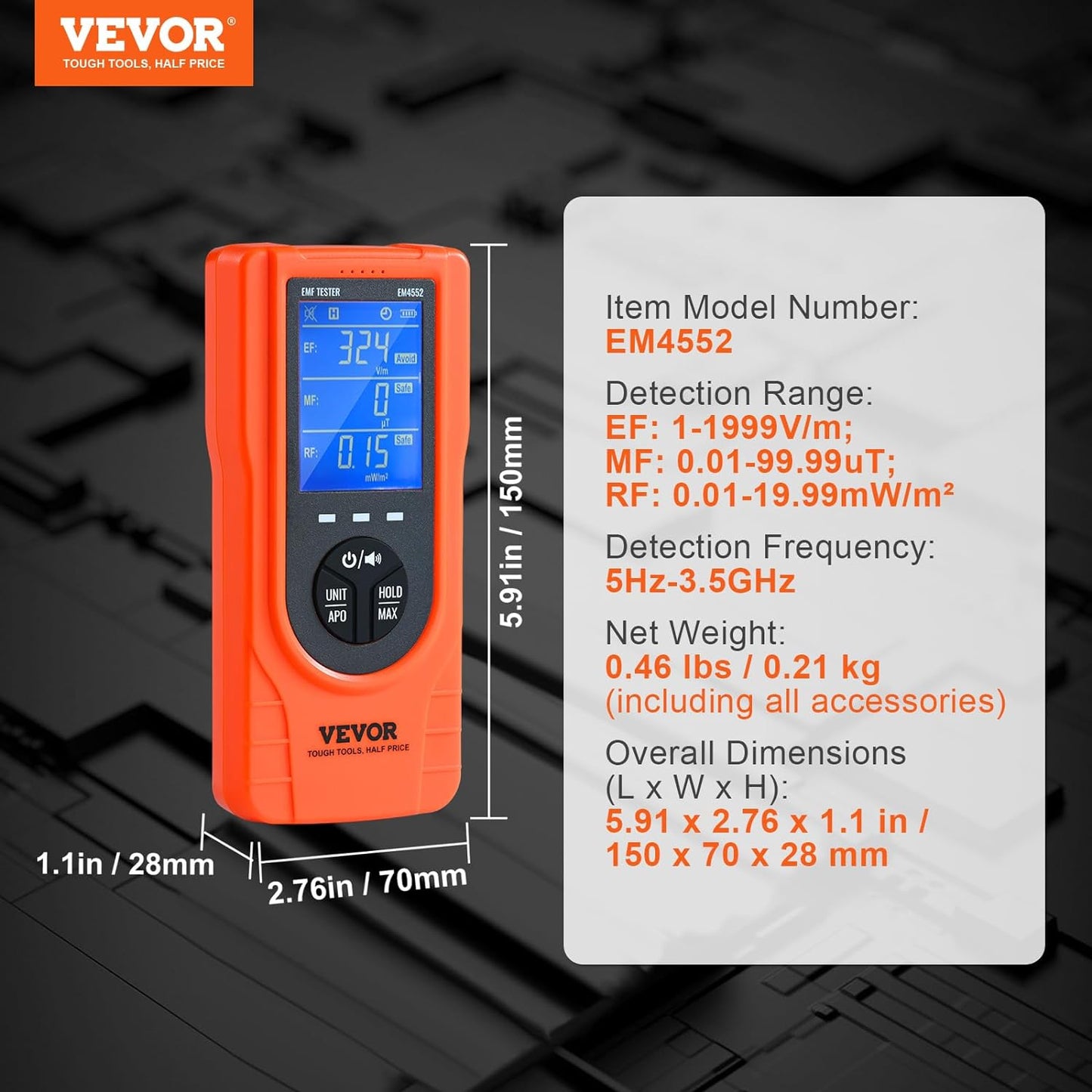 3-In-1 EMF Meter, 5Hz - 3.5Ghz, Handheld Rechargeable Electromagnetic Field Radiation Detector, Digital LCD EMF Tester for EF MF RF Home Inspections Outdoor Ghost Hunting Paranormal Equipment