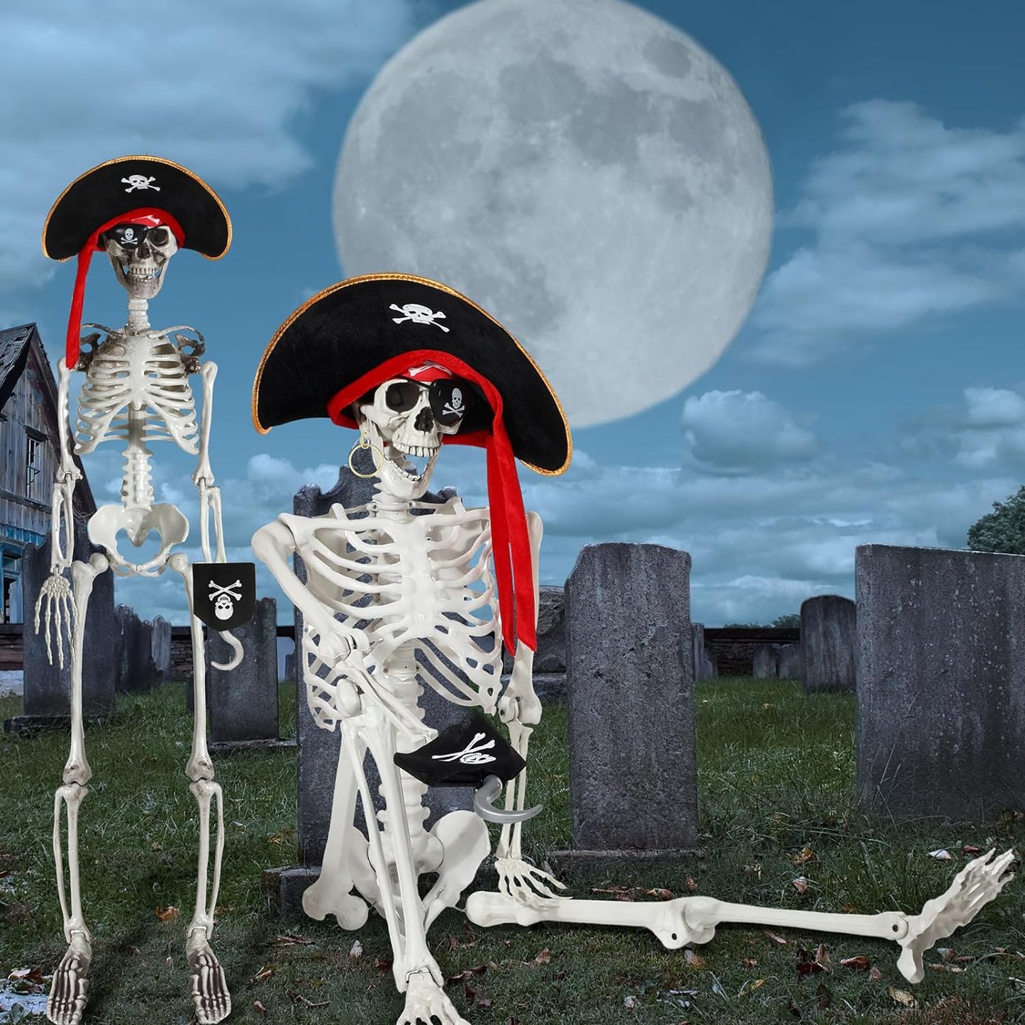 2 Pack 5.58 Ft and 3 Ft Life Size Halloween Skeleton with Pirate Costume Set Adult and Child Size Full Body Bones with Posable Joints for Halloween Outdoor Haunted Yard Party Prop Decoration