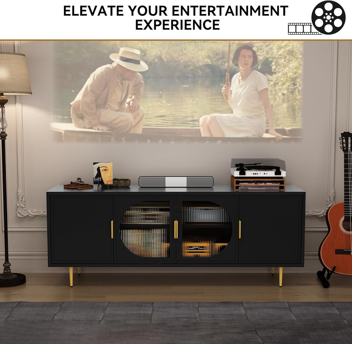 Modern TV Stand for 70 Inch TV, Black TV Console with 4 Glass Doors, Entertainment Center with Storage Cabinet, Wood Media Cabinet with Gold Leg, 65” TV Stands for Living Room