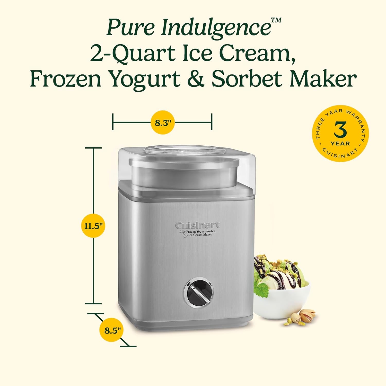 Ice Cream Maker Machine, 1.5 Quart Sorbet, Frozen Yogurt Maker, Double Insulated, White, ICE-21P1