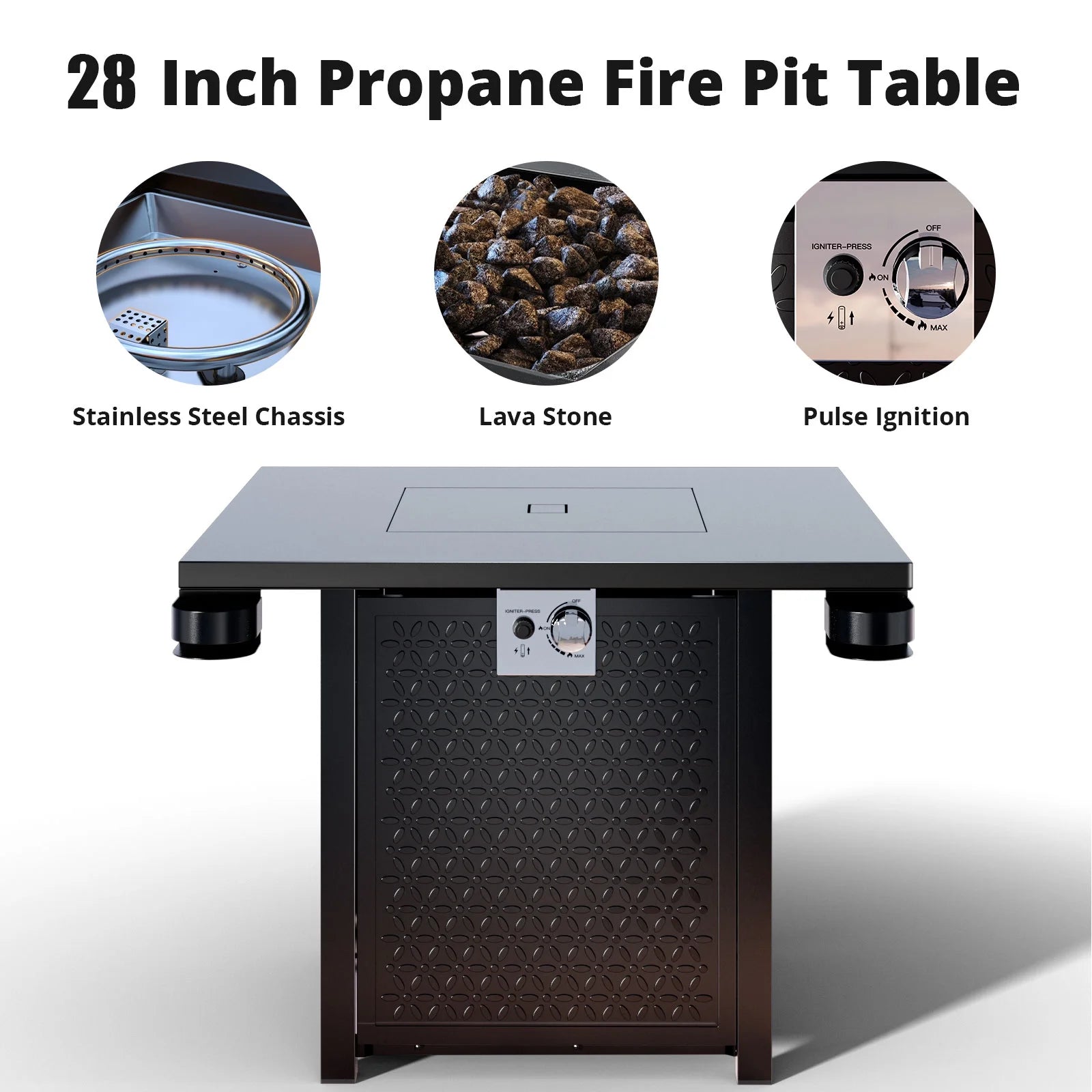 28 Inch Propane Fire Pits with Lid and Lava Rock, 50000 BTU Steel Gas Fire Pit Table for Outdoor - Design By Technique