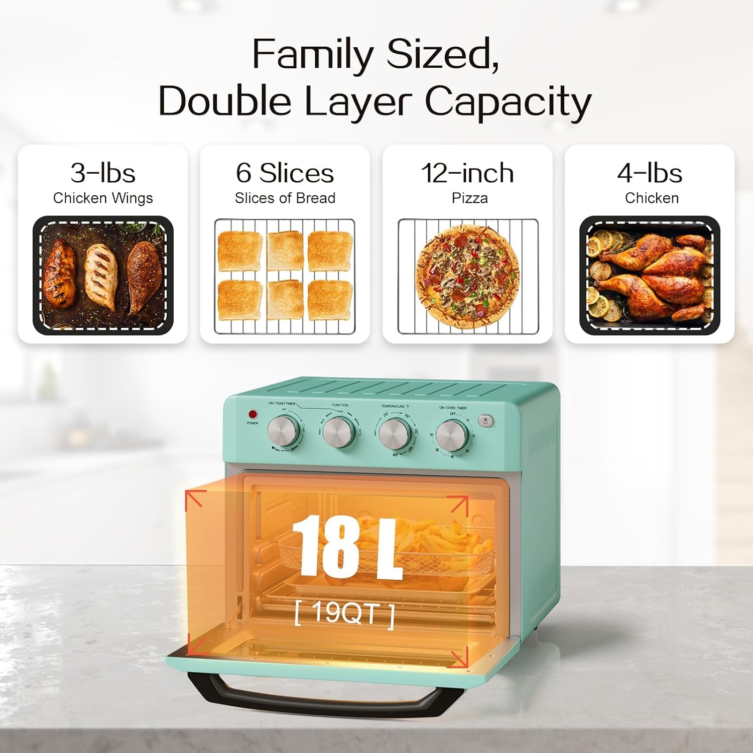 Retro Toaster Oven -  Air Fryer Oven & Toasters 19QT, Large 7 in 1 Convection Oven Combo for Family Use, 360° Even & Healthy Cooking, 5 Accessories & Recipe Book (Turquoise)